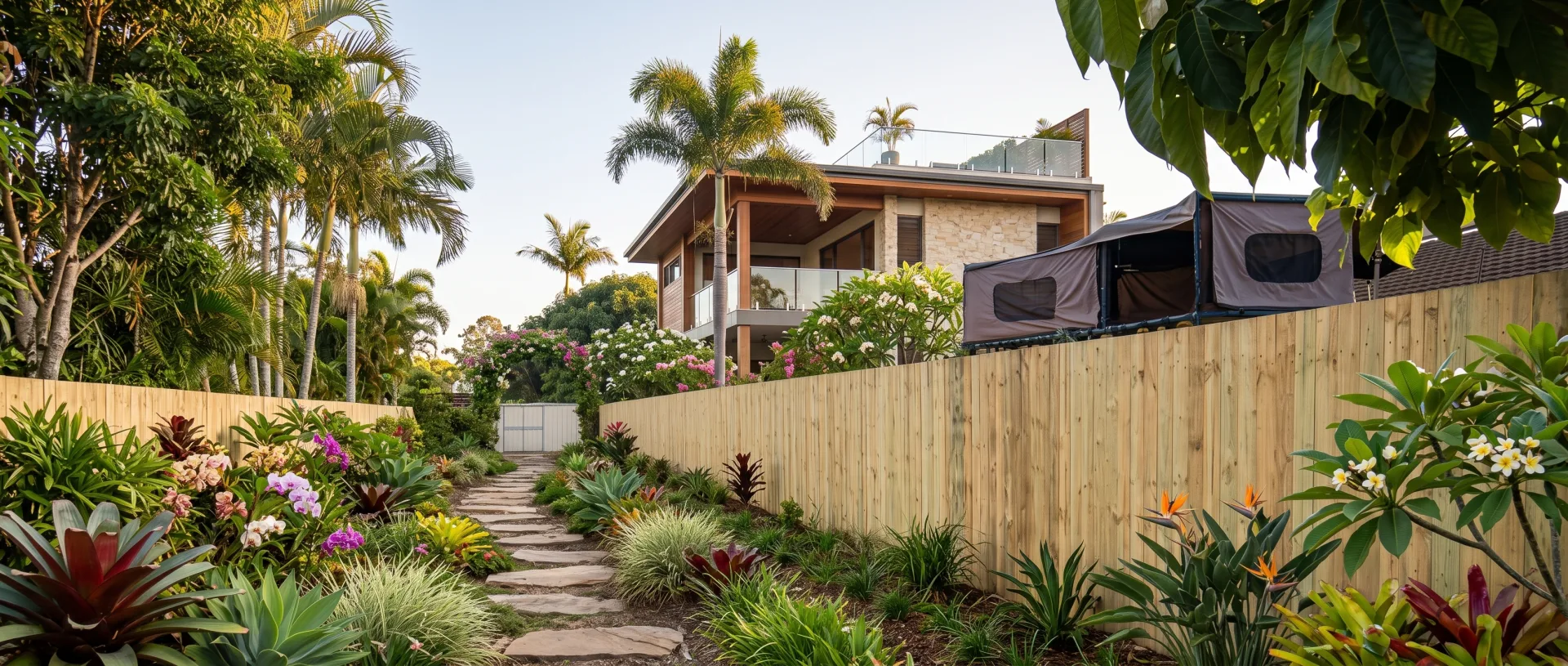 Architectural timber fencing and sliding gate in Sunshine Coast home